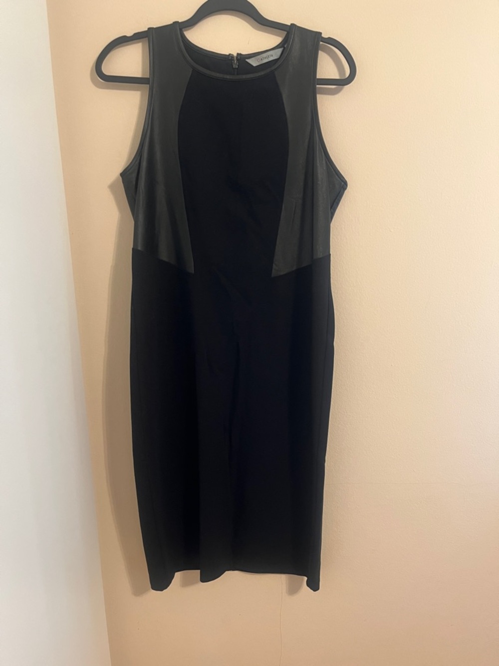 Sleeveless Black Midi Sheath Dress with Faux-Leather Panels